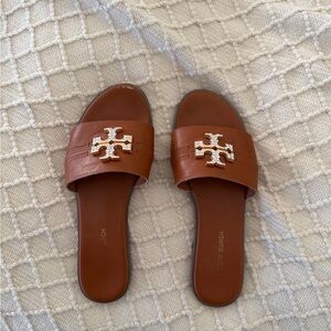 Tory Burch Everly Slide Sandals - Crystal Embellished Brown